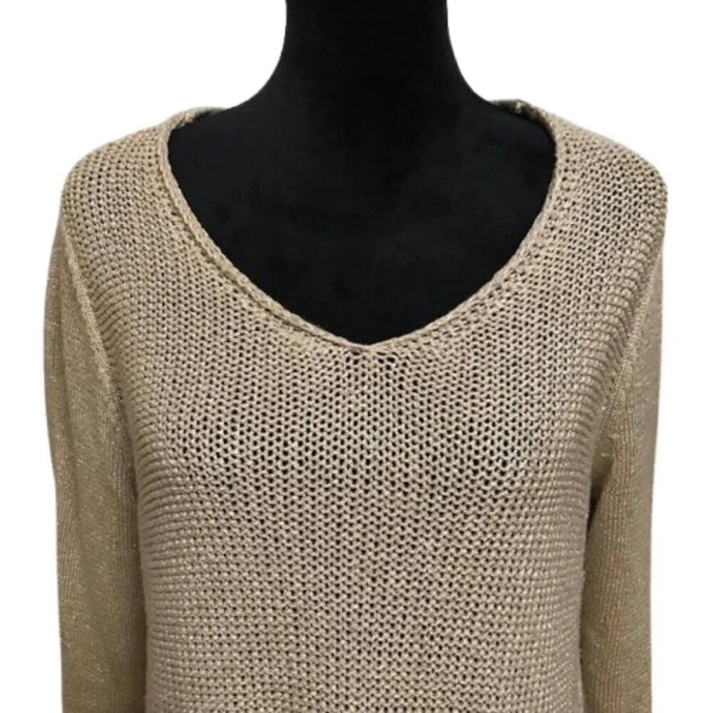 Women's Chico's Gold Open Knit V-Neck Long Sleeve Sweater Size 2
